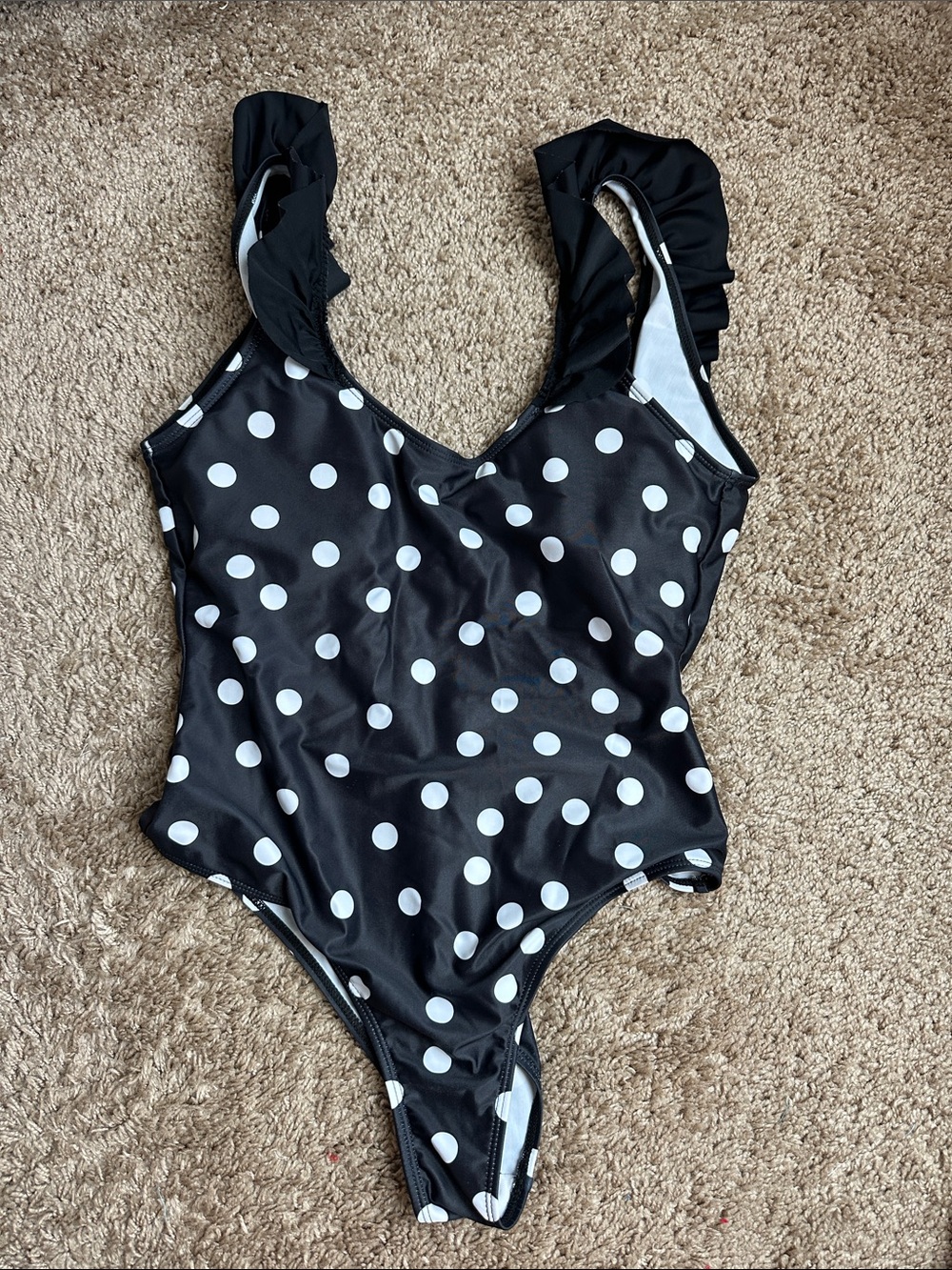 Girls Black & White Polka Dot One-Piece Swimsuit with Ruffle Straps